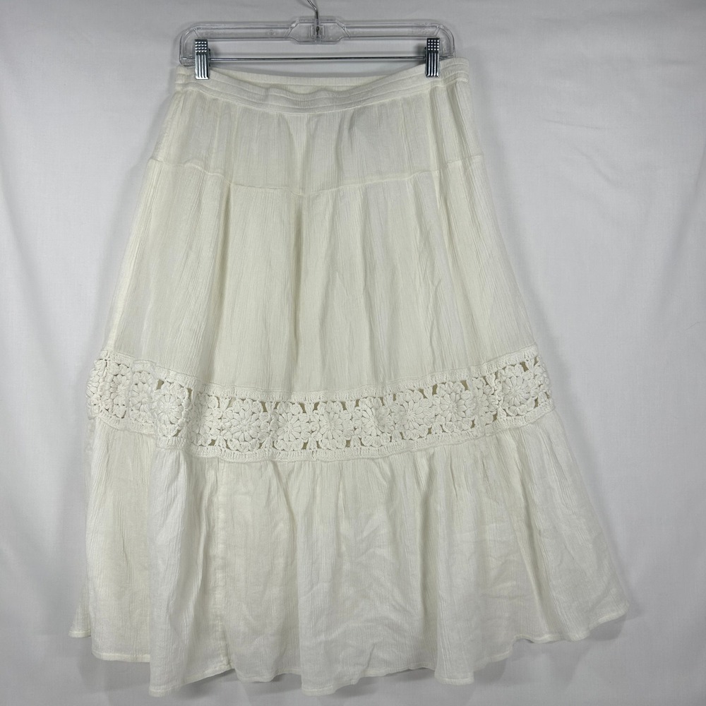 Lucky Brand White Cotton Crochet Trim Tiered Boho Maxi Skirt Size M